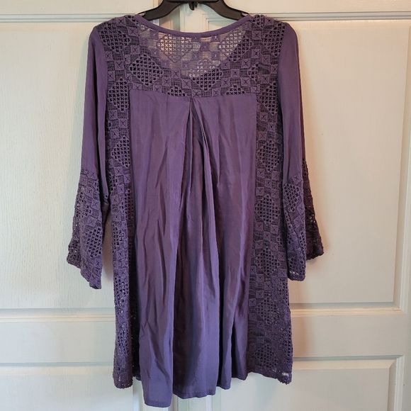 Monoreno Purple Sheer Crochet Long Sleeve Flowy Tunic Mini Dress - Picture 2 of 3